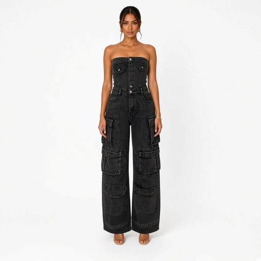 Strapless Denim Jumpsuit — gray front
