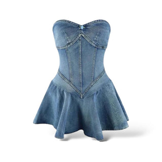 Strapless Denim Pleated Mini Dress - Mabel Love Co - Dress