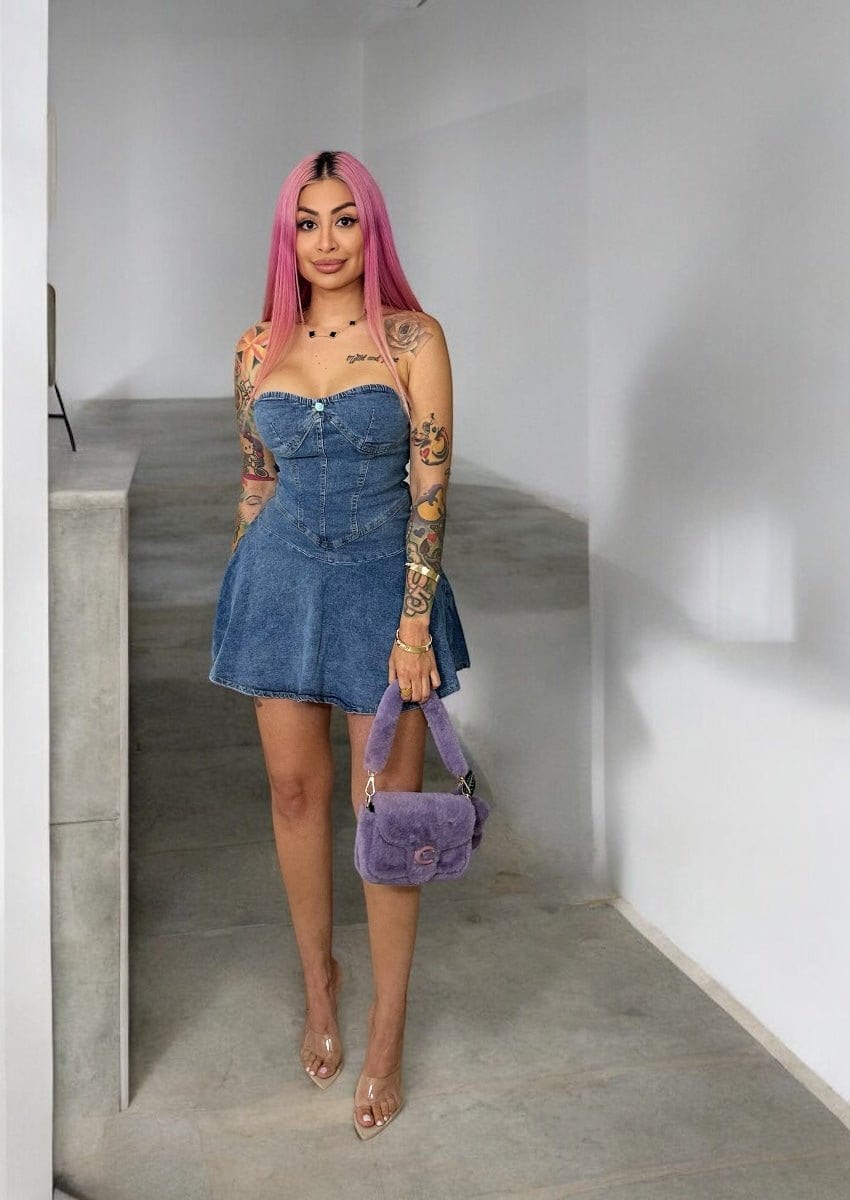 Strapless Denim Pleated Mini Dress