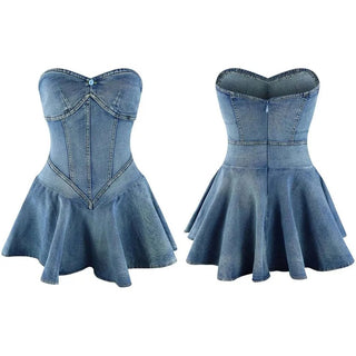 Strapless Denim Pleated Mini Dress - Mabel Love Co - Dress