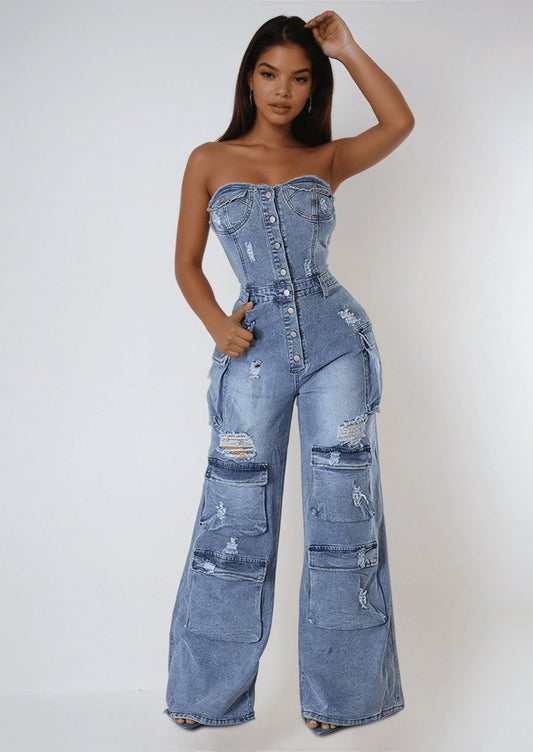 Strapless Ripped Denim Jumpsuit