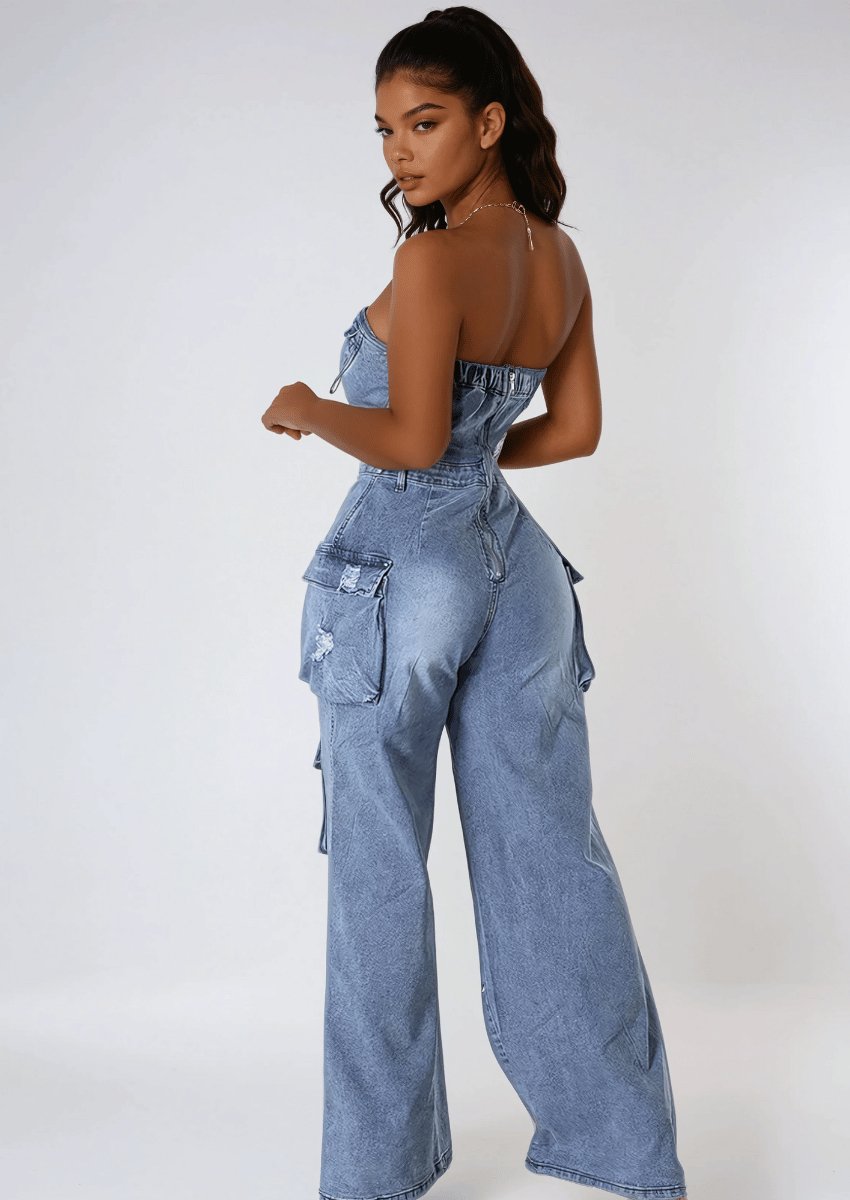 Strapless Ripped Denim Jumpsuit