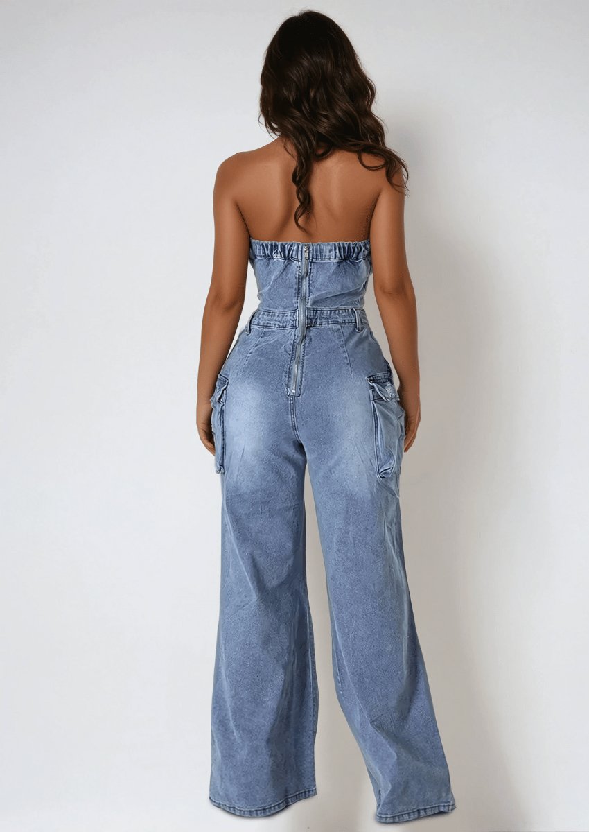 Strapless Ripped Denim Jumpsuit