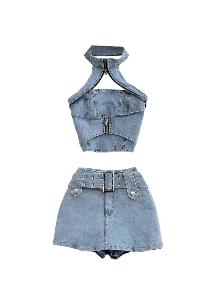 Streetwear Denim Halter Top Mini Skirt Set