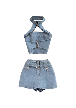 Streetwear Denim Halter Top Mini Skirt Set