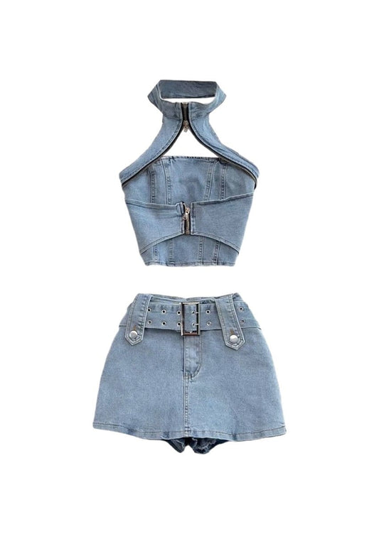 Streetwear Denim Halter Top Mini Skirt Set