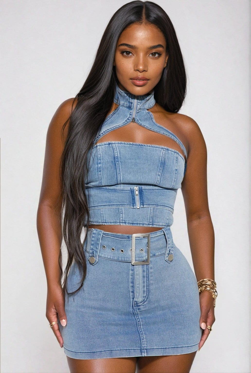 Streetwear Denim Halter Top Mini Skirt Set