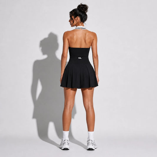 Collared Halter Tennis Dress — black back on-model 2048 v3
