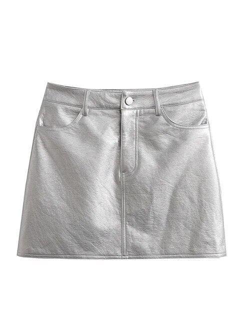 Faux Leather Silver Mini Skirt Vintage High Waist, 