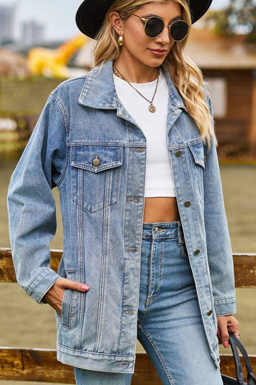 Buttoned Collared Neck Denim Jacket with Pockets, [product type]