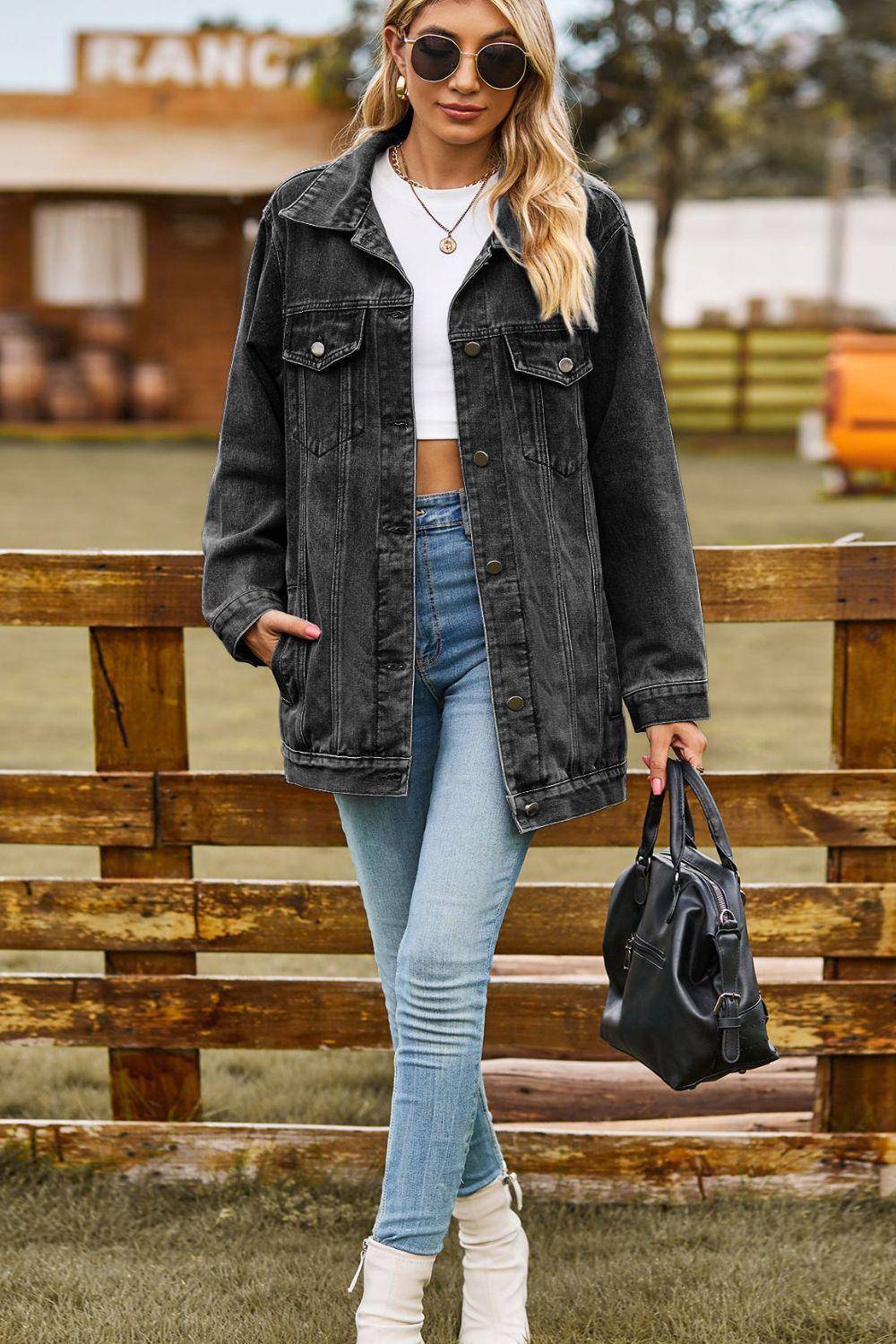 Buttoned Collared Neck Denim Jacket with Pockets, [product type]