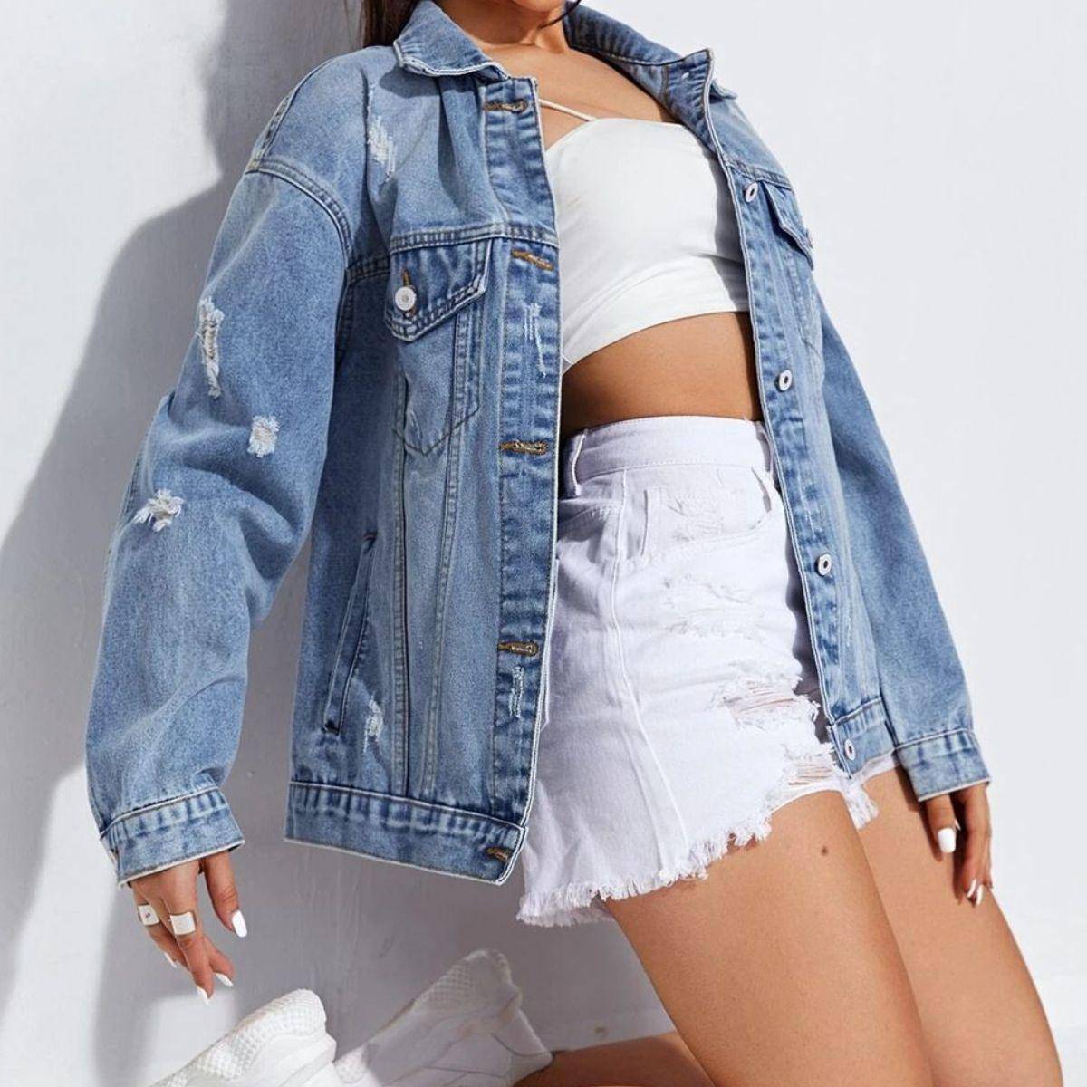 Collared Distressed Denim Jacket, [product type]