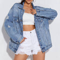 Collared Distressed Denim Jacket, [product type]