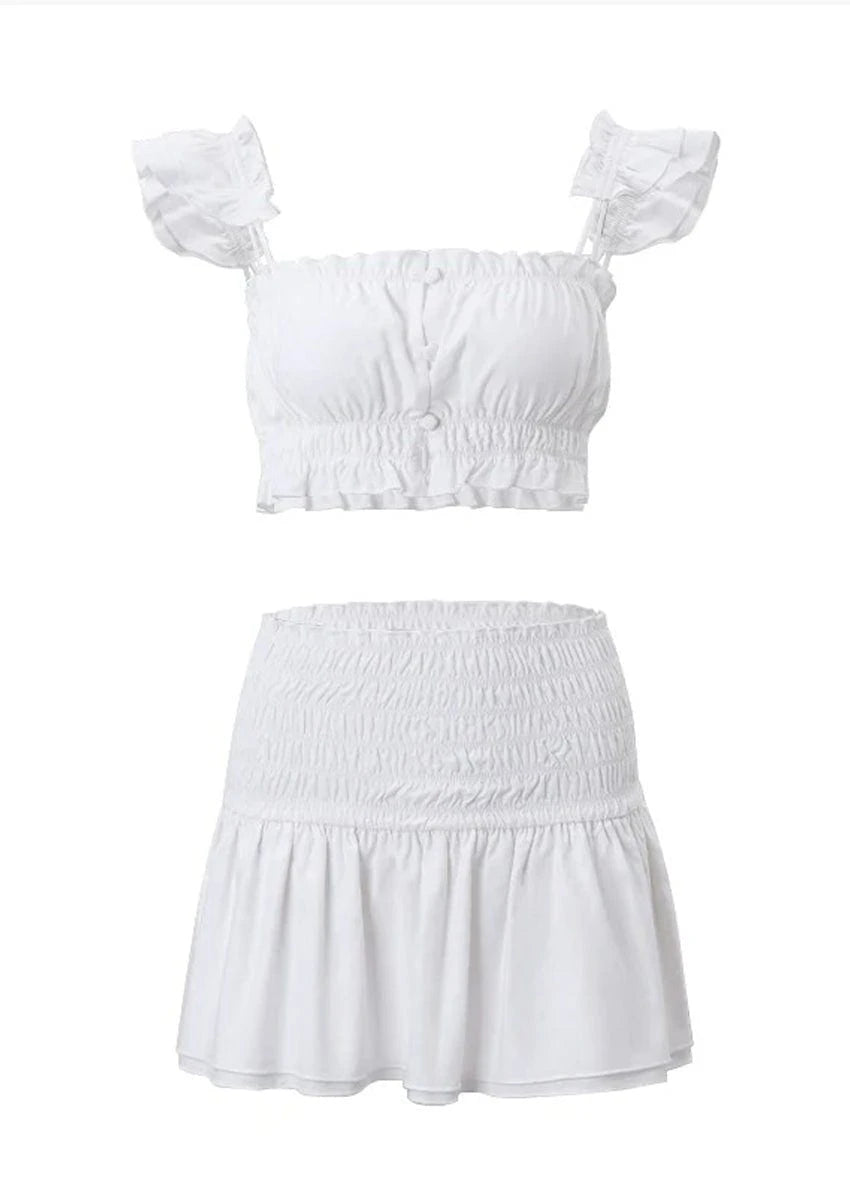 Trendy White Crop Top & Pleated Skirt Set