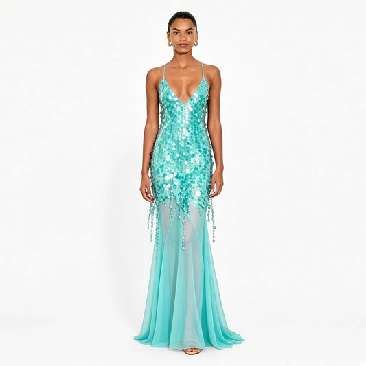 Sequin Mesh Mermaid Dress — turquoise front