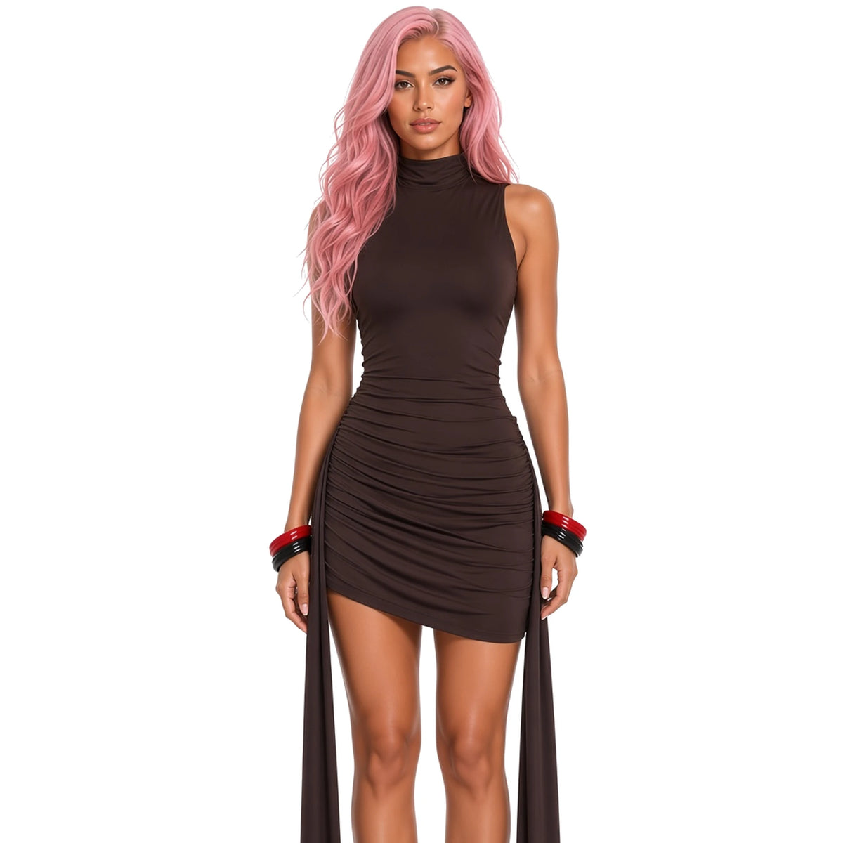 Turtleneck Sexy Mini Dress — Brown close-up