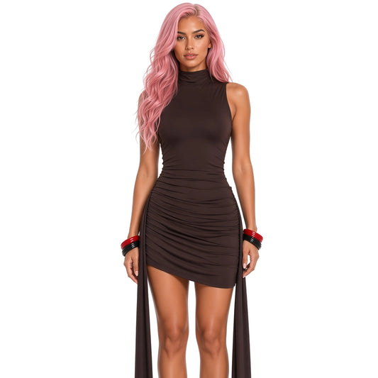 Turtleneck Sexy Mini Dress — Brown close-up