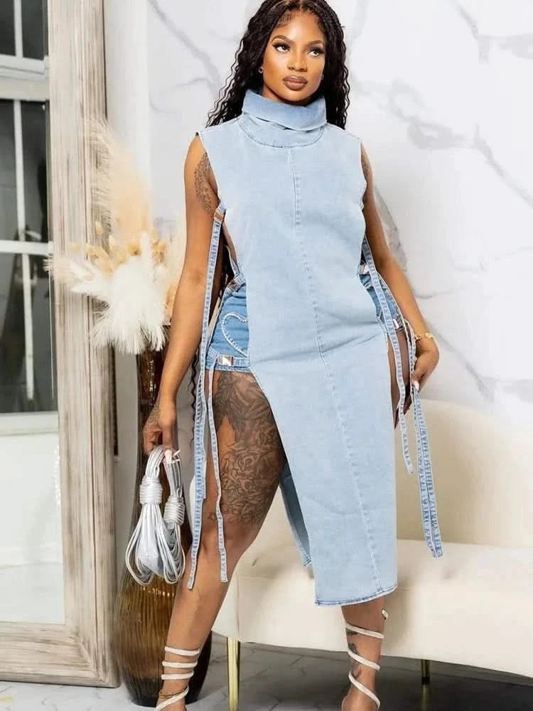 Turtleneck Denim Dress Trendy High-Slit Tunic | Mabel Love Co. Turtleneck Denim Dress Trendy High-Slit Tunic | Mabel Love Co.