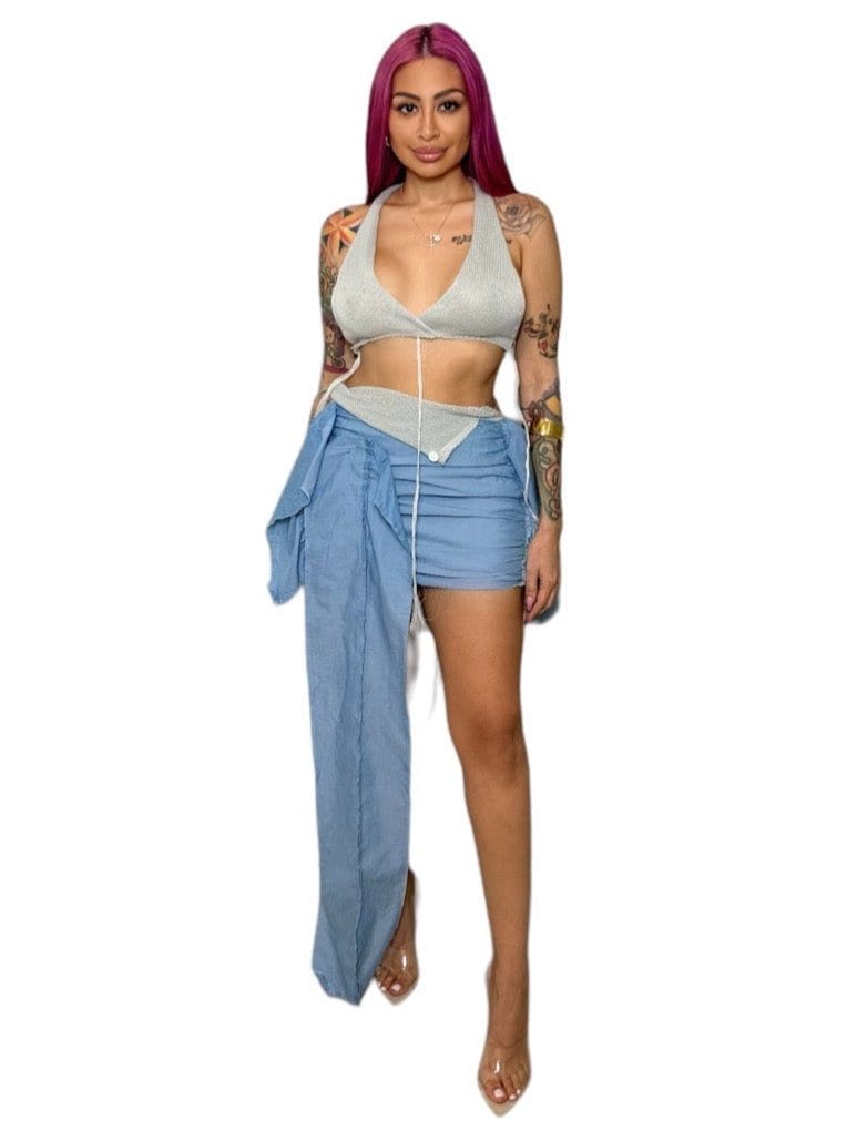 Two - Piece Irregular Patchwork Skirt with Halter Bralette