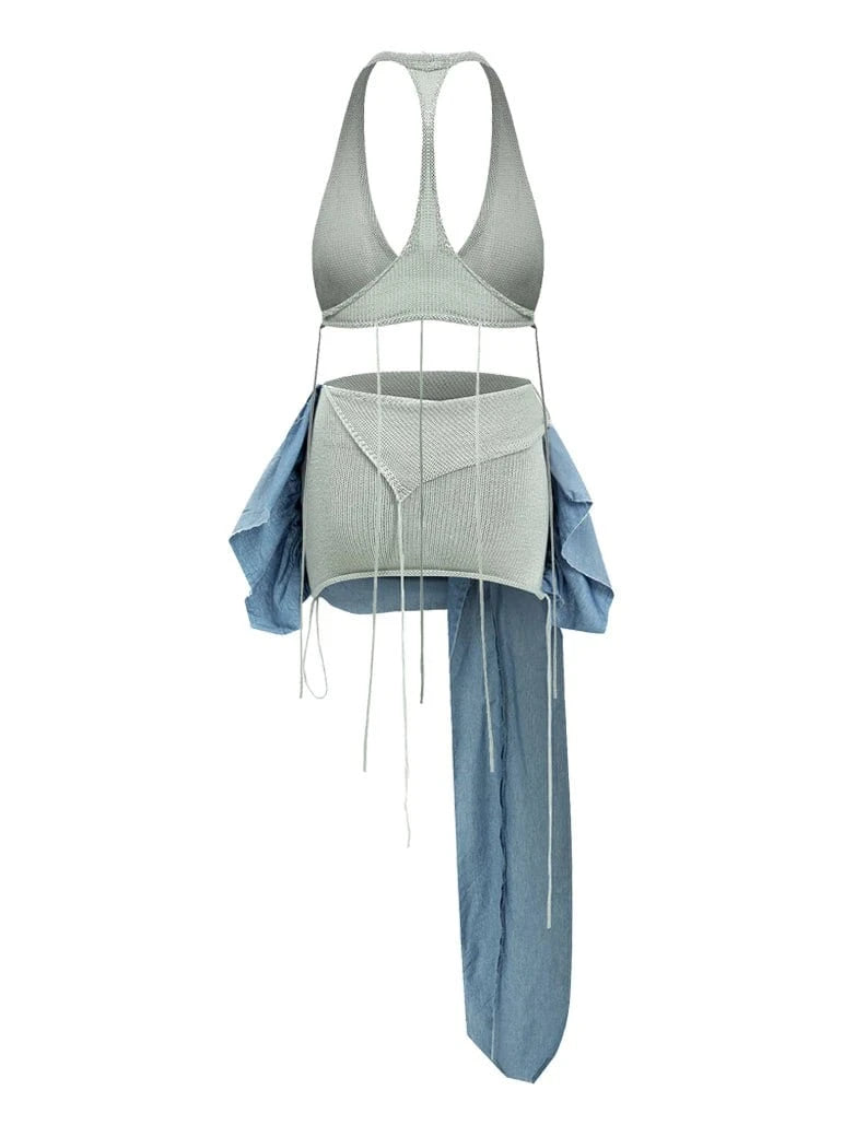 Two - Piece Irregular Patchwork Skirt with Halter Bralette