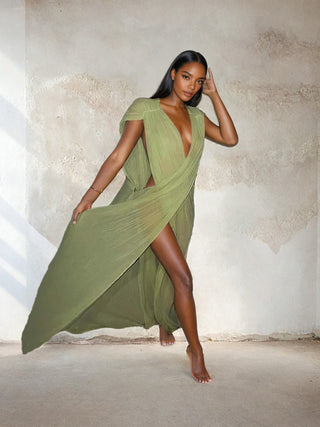 Green Drape Loose Cover-Up Maxi Dress