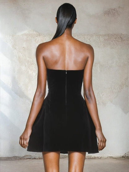 Sexy Strapless Heart Shape Crystal Mini Dress - Black Velvet
