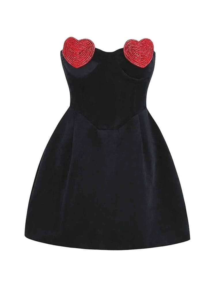 Sexy Strapless Heart Shape Crystal Mini Dress - Black Velvet