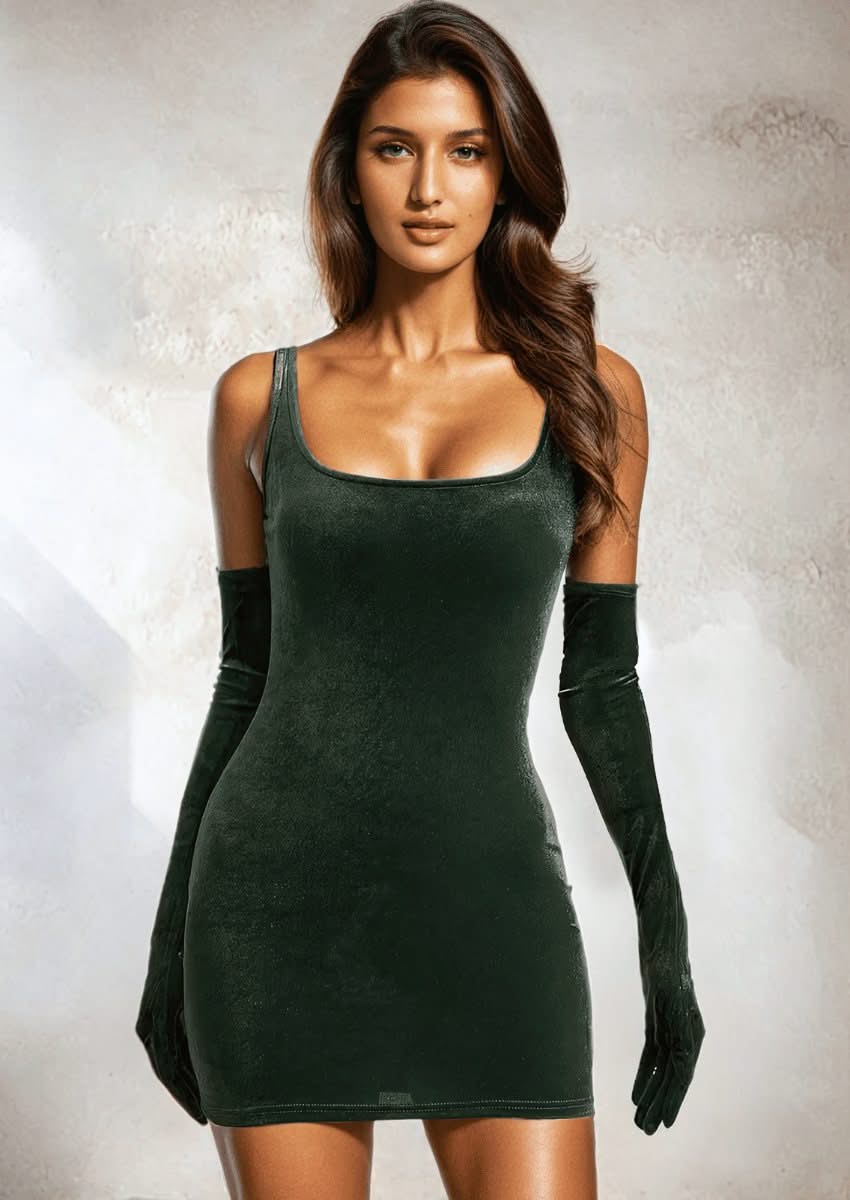 Womens Sexy Elegant Velvet Bodycon Dress with Long Gloves Sleeveless Square Neck Mini Dress for Cocktail Evening Wedding Party Green / S Womens Sexy Elegant Velvet Bodycon Dress with Long Gloves Sleeveless Square Neck Mini Dress for Cocktail Evening Wedding Party Green / S