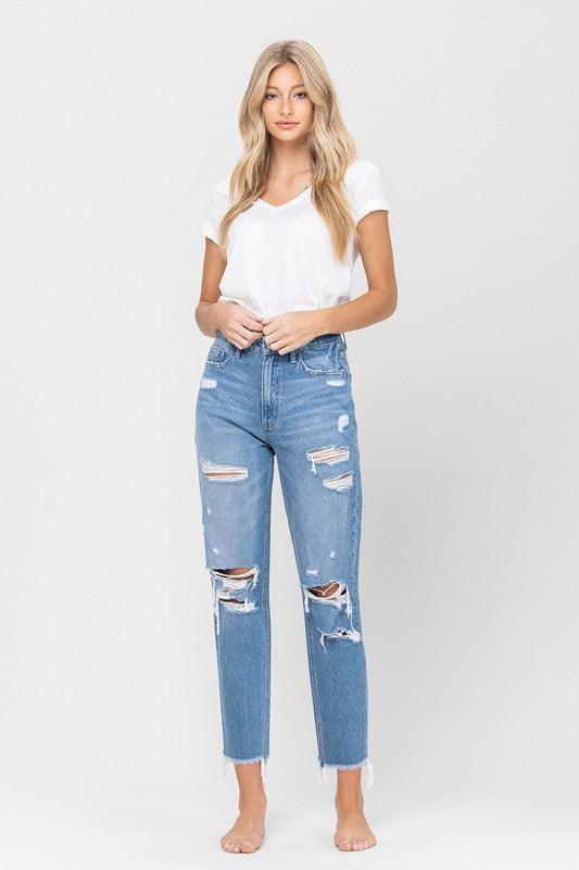 Woman wearing her Distressed Mom Jeans
