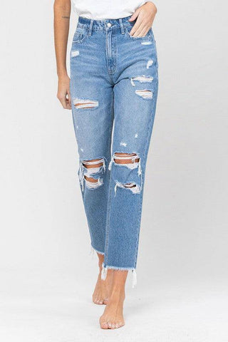Distressed Mom Jeans with Frayed Hem