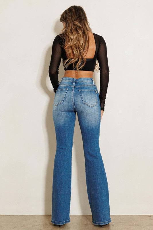 HIGH RISE DISTRESSED FLARE JEANS, 