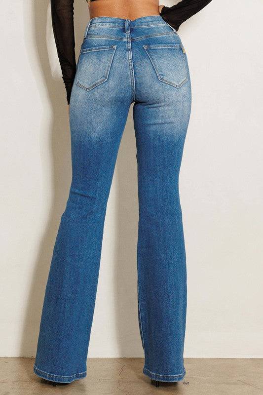 HIGH RISE DISTRESSED FLARE JEANS, 