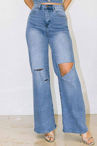 Close-up details of Distressed Wide-Leg Jeans