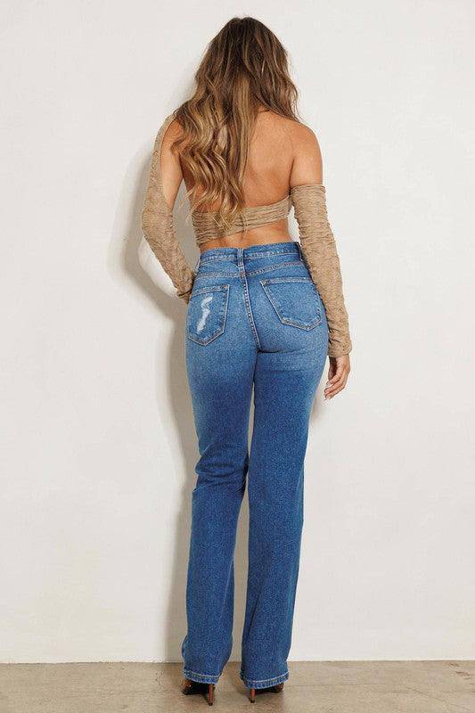 HIGH RISE SUBTLE DISTRESSED STRAIGHT JEANS, 