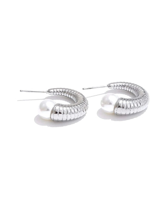 Pearl Ribbed Small Hoop Earrings — view 1