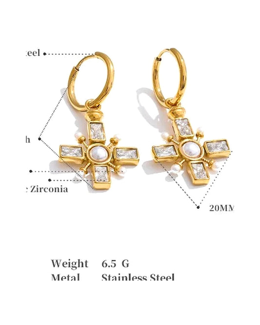 Zirconia Cross Hoop Earrings - Golden daily-wear chic — view 1