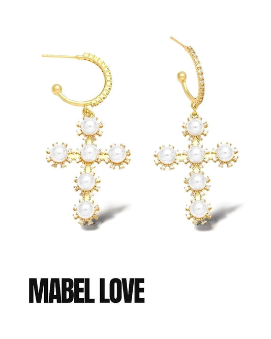 Dangle pearl Cross Earrings — view 1