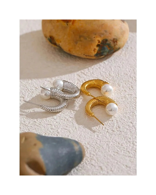 Pearl Ribbed Small Hoop Earrings — view 2