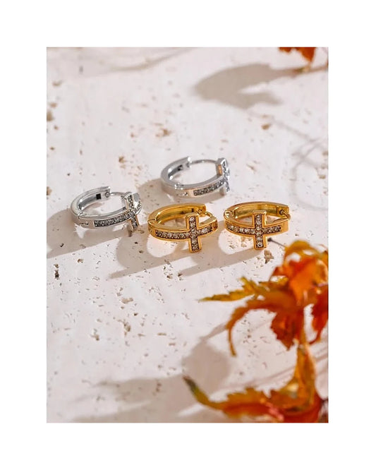 Mini CZ Cross Hoop Earrings - Daily Chic Stainless — view 2
