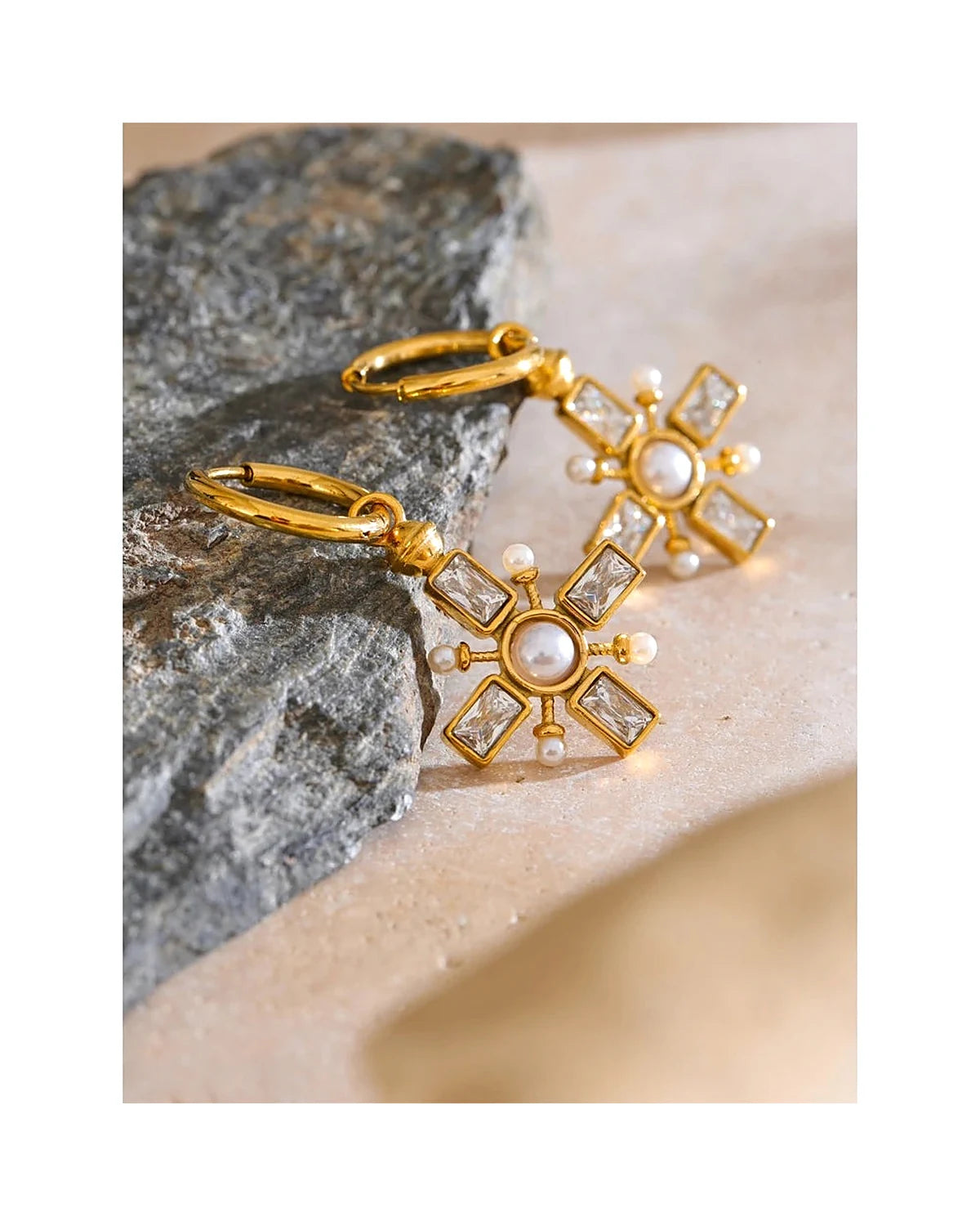 Zirconia Cross Hoop Earrings - Golden daily-wear chic — view 2