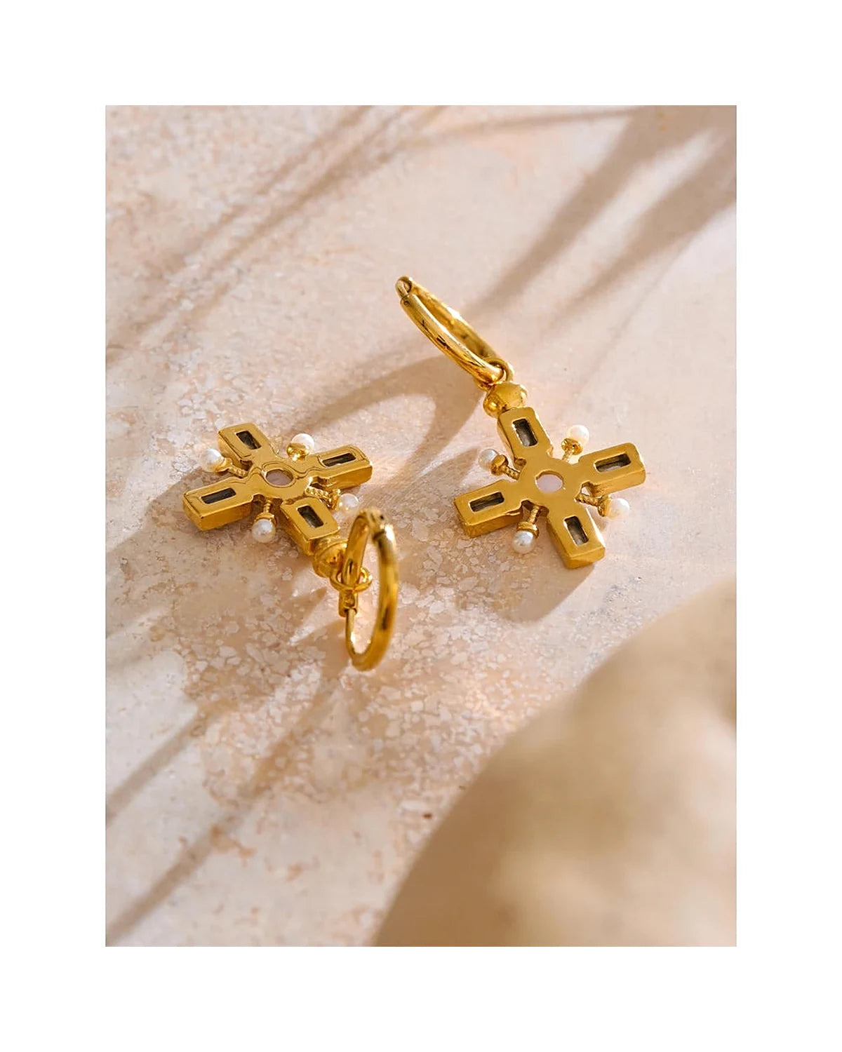 Zirconia Cross Hoop Earrings - Golden daily-wear chic — view 3