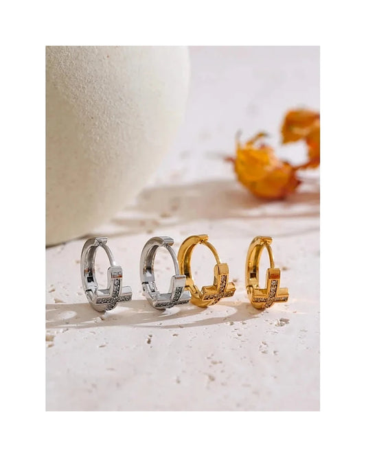 Mini CZ Cross Hoop Earrings - Daily Chic Stainless — view 3