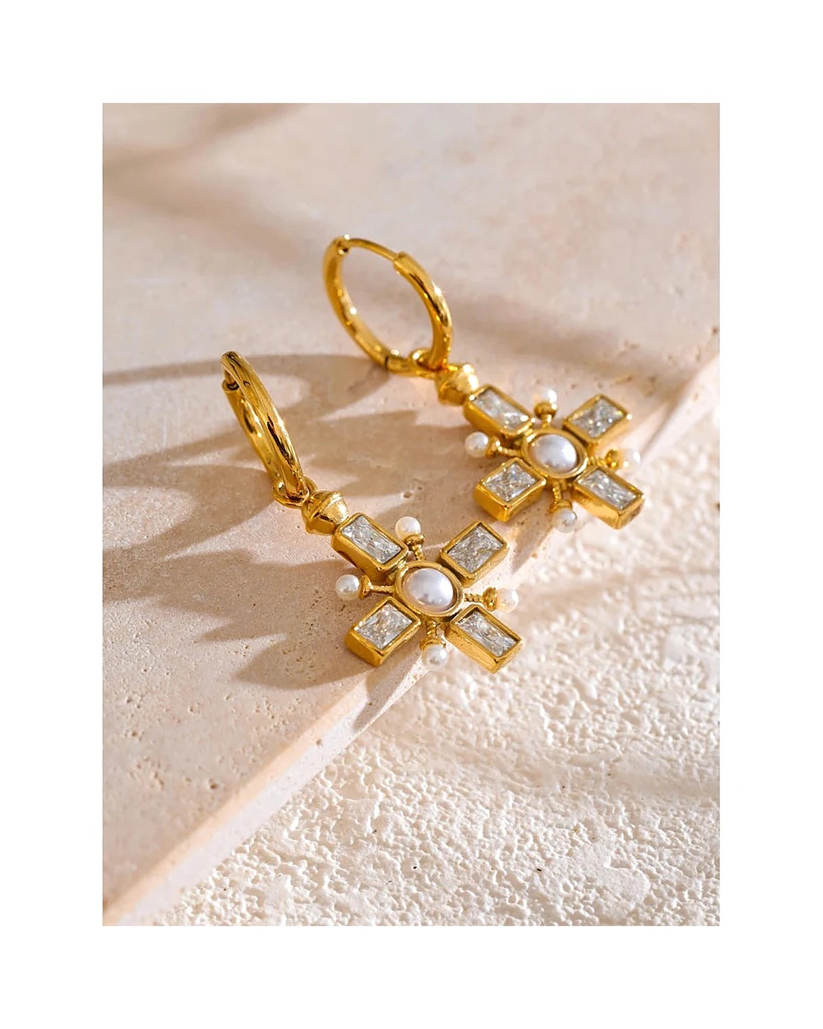 Zirconia Cross Hoop Earrings - Golden daily-wear chic — view 4