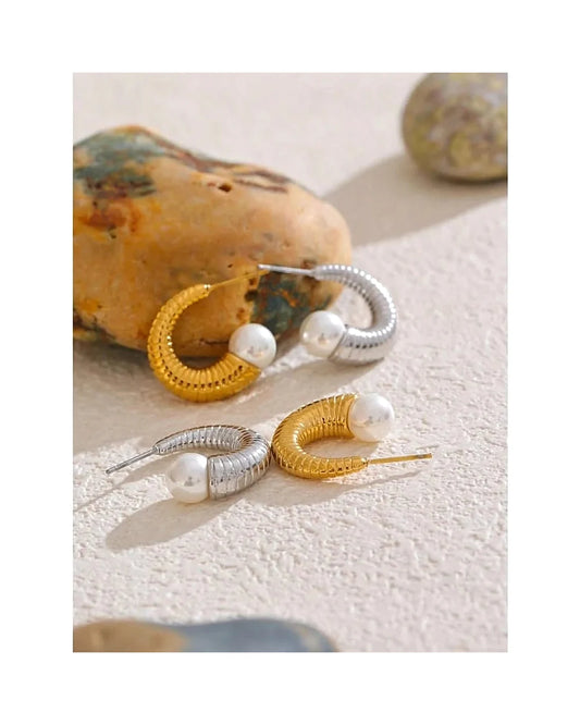 Pearl Ribbed Small Hoop Earrings — view 4