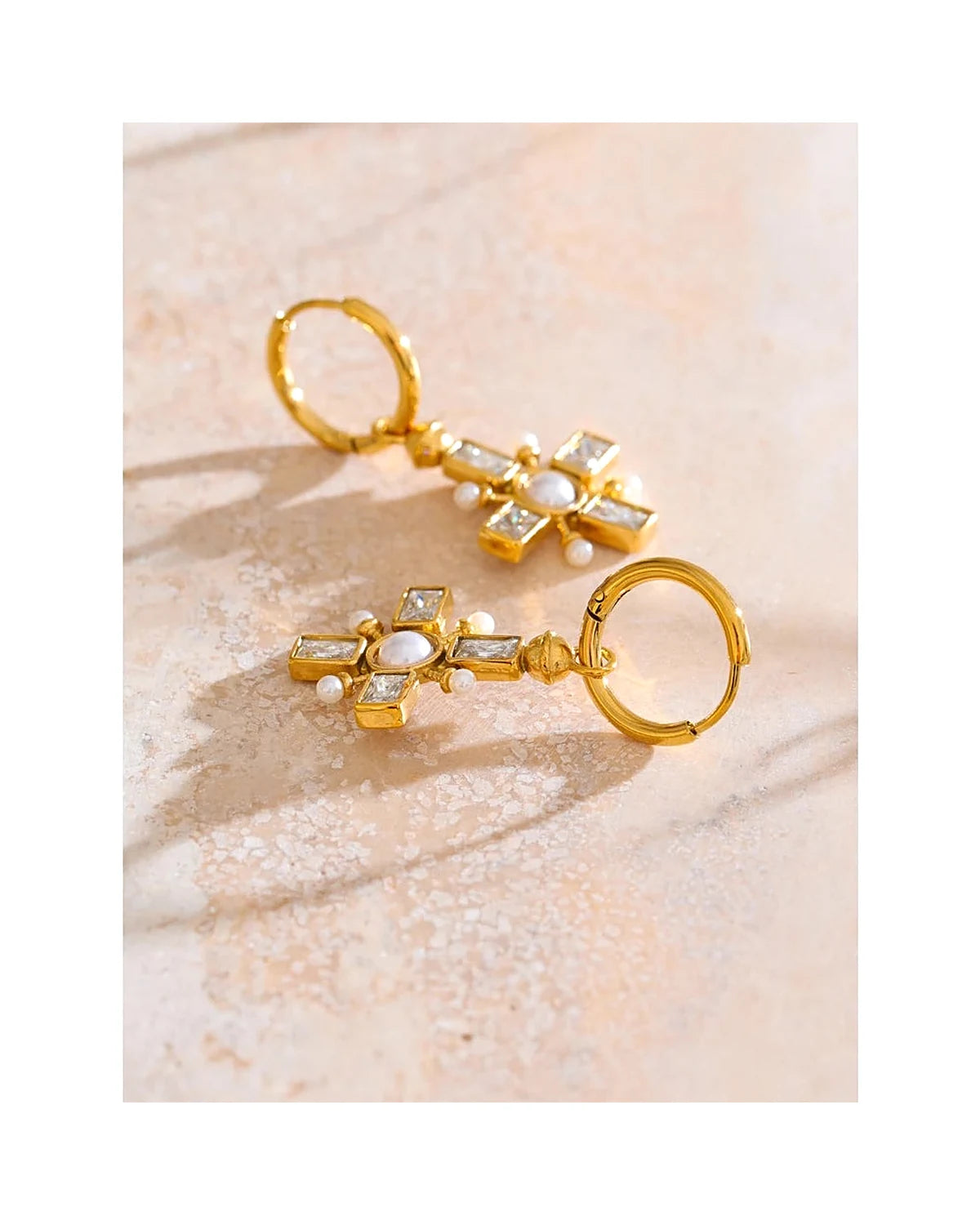Zirconia Cross Hoop Earrings - Golden daily-wear chic — view 5