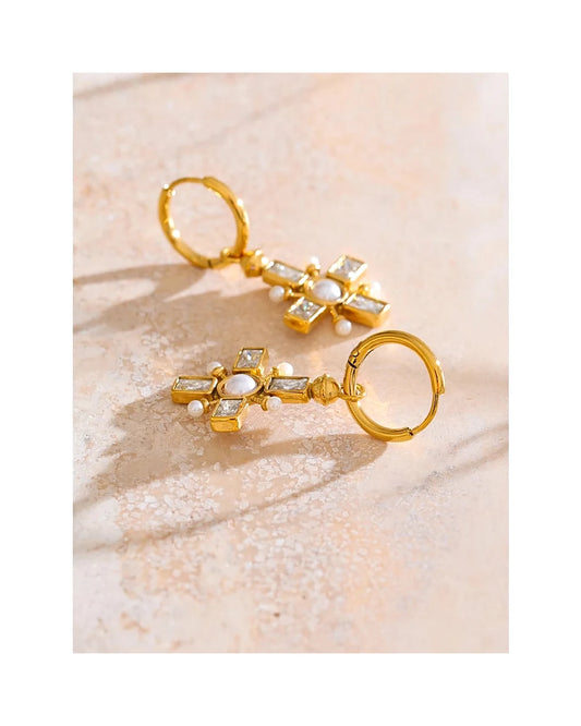 Zirconia Cross Hoop Earrings - Golden daily-wear chic — view 5