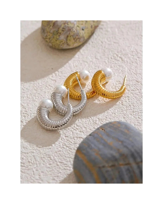 Pearl Ribbed Small Hoop Earrings — view 5
