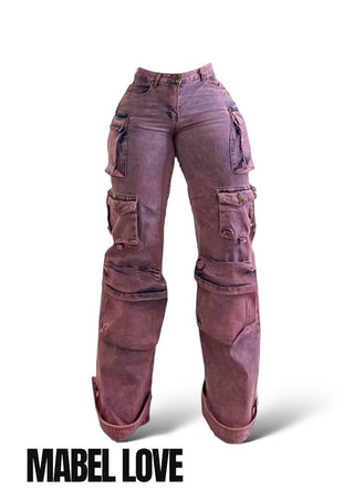 Vintage - Inspired Purple Acid Wash Cargo Denim