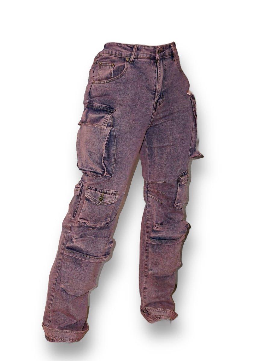 Vintage - Inspired Purple Acid Wash Cargo Denim