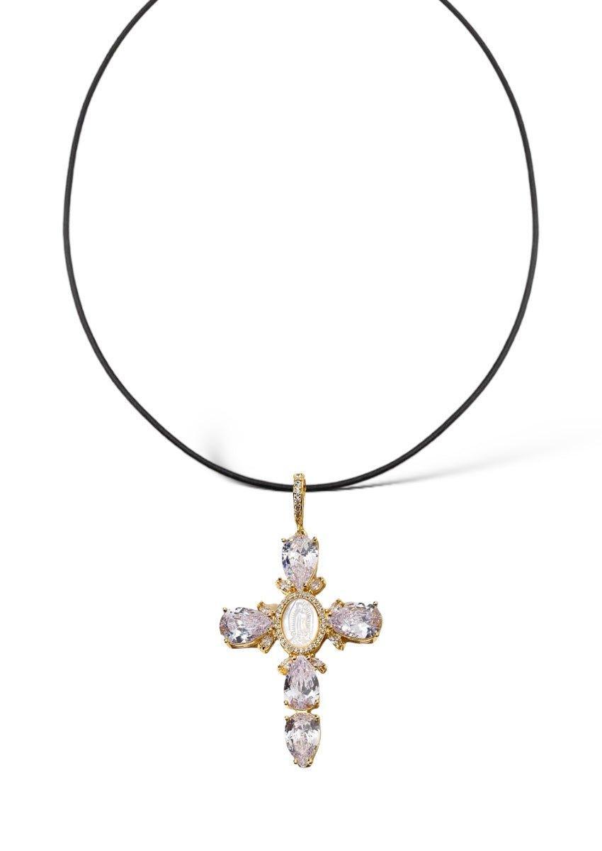 Virgin Cross Black Rope Necklace